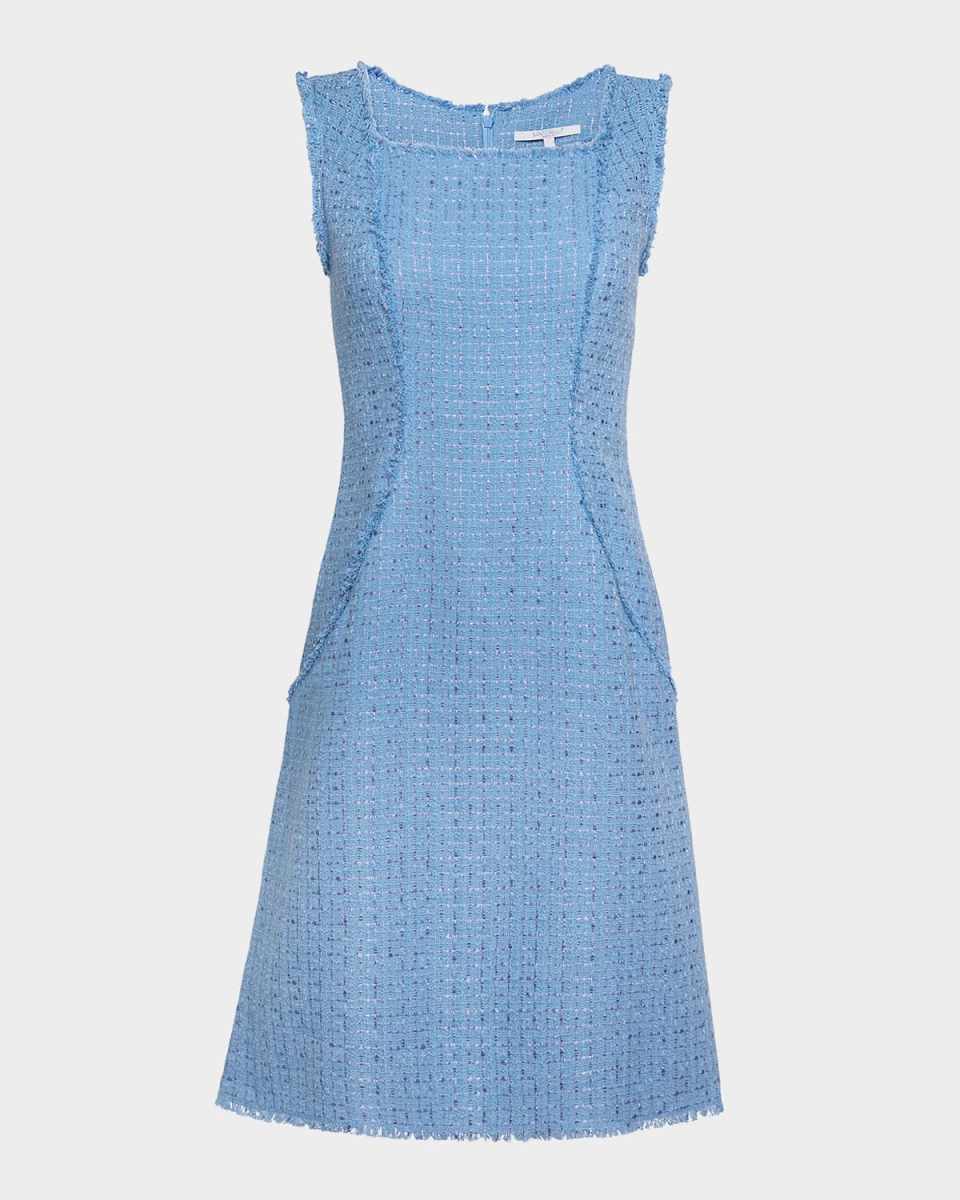 Sleeveless Fringe-Trim Shimmer Tweed Dress